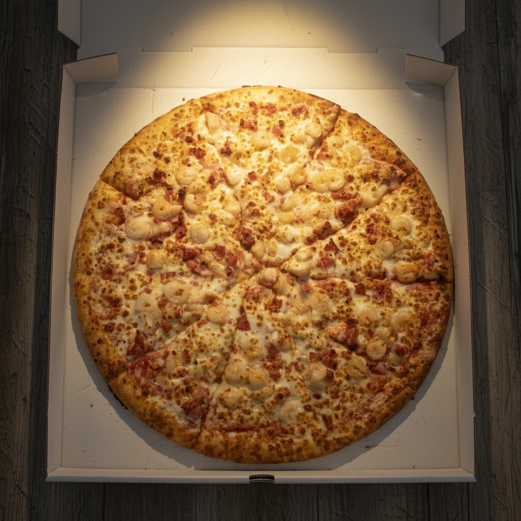 Hawaiian pizza with bacon at Pangaea Pizza NW Calgary - marinara sauce, ham, pineapple, and crispy bacon